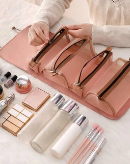 Pink Satin Foldable Travel Makeup & Cosmetic Bag with Detachable Compartments