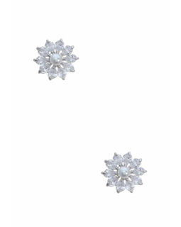 Flower Starburst Rhinestone Pearl Center Stud Earrings